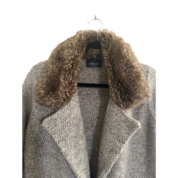 ZARA KNIT Small Fur Collar Long Cardigan Sweater Coat Taupe Pockets #5648 - Picture 2 of 11
